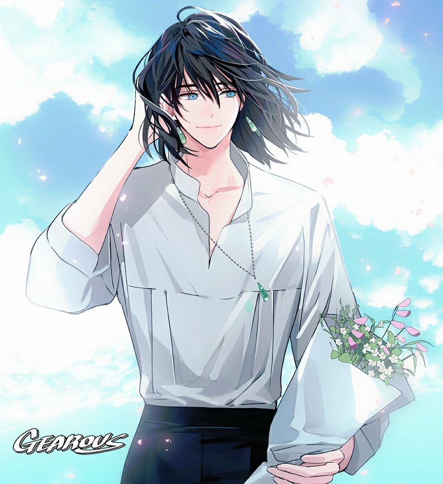 1boy bishounen black_hair black_pants blue_eyes blue_sky bouquet cloud cloudy_sky collarbone collared_shirt day earrings flower gearous hair_between_eyes hand_in_own_hair holding holding_bouquet howl_pendragon howl_no_ugoku_shiro jewelry long_sleeves looking_to_the_side male_focus medium_hair necklace open_collar outdoors pants petals shirt sky smile solo upper_body white_shirt wind