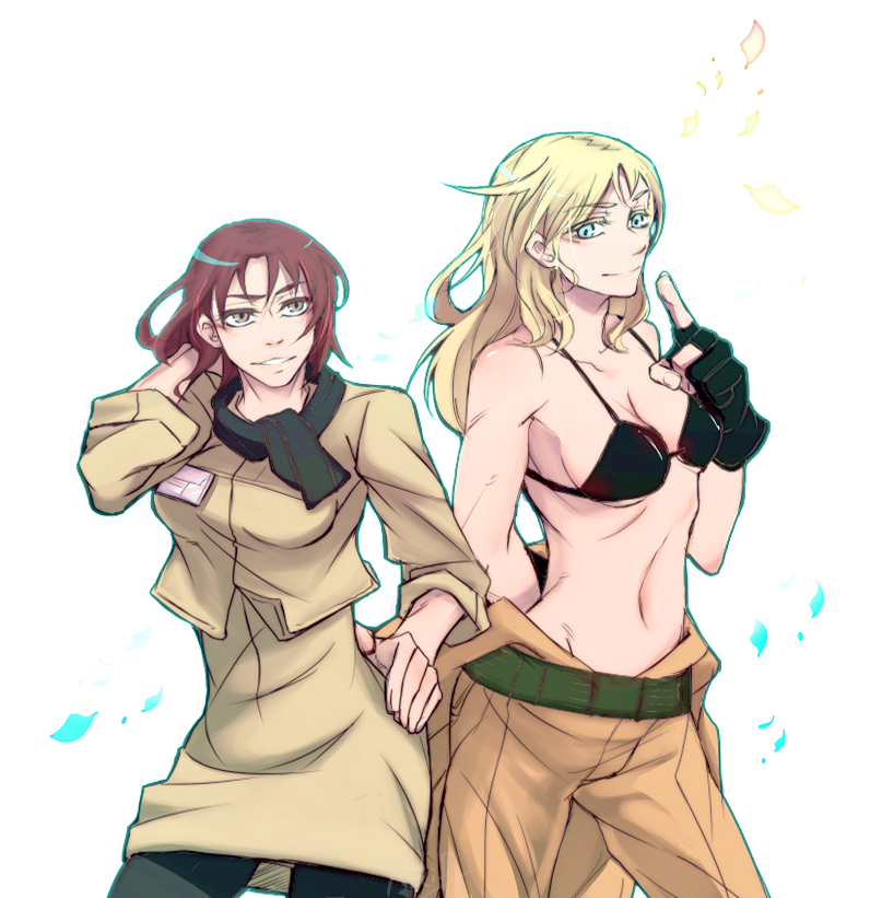 2girls bad_id bad_pixiv_id belt bikini bikini_top_only black_gloves black_legwear blonde_hair blue_eyes breasts brown_hair cropped_jacket dress eva_(metal_gear) fingerless_gloves gloves hand_on_own_hip metal_gear_(series) metal_gear_solid metal_gear_solid_3:_snake_eater multiple_girls nikia_(hsincubic) pantyhose para-medic_(mgs3) scarf swimsuit underboob