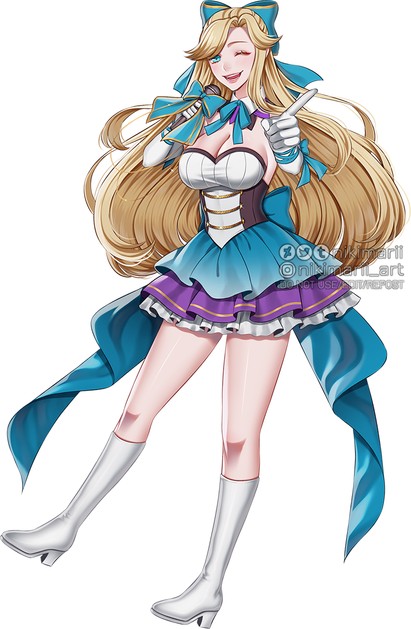 1girl artist_name black_corset blonde_hair blue_bow blue_eyes blue_skirt boots bow breasts commentary commission corset detached_collar deviantart_logo english_commentary frilled_skirt frills full_body hair_bow high_heel_boots high_heels highres holding holding_microphone instagram_logo long_hair medium_breasts microphone nikimarii one_eye_closed original pointing purple_skirt simple_background skirt smile solo transparent_background tumblr_logo twitter_logo very_long_hair watermark white_boots