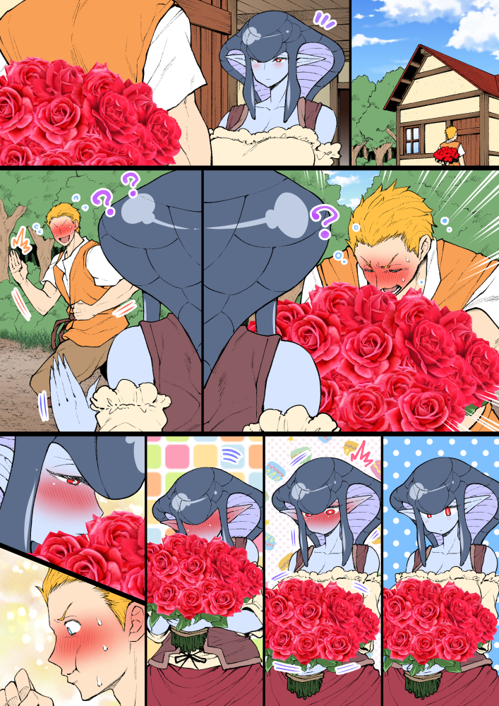 1boy 1girl ? ^^^ abstract_background bare_shoulders blonde_hair blue_eyes blue_skin blush bouquet closed_eyes closed_mouth colored_skin comic confession day door dot_mouth embarrassed flower forest gift half-closed_eyes hetero holding holding_bouquet house lamia live_hood looking_at_another monster_girl nature nenbuta no_mouth nose_blush original outdoors pants pointy_ears red_eyes red_flower red_rose rose salute scales shirt short_hair silent_comic skirt sky smelling smelling_flower sweat sweatdrop tree vest waving window