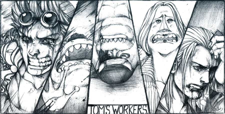 1girl 3boys beard blood crying death facial_hair franky_(one_piece) frog goggles iceburg kokoro_(one_piece) mermaid monochrome monster_boy monster_girl multiple_boys one_piece rhymee sad tears tom_(one_piece) traditional_media water_7 yokozuna_(one_piece)