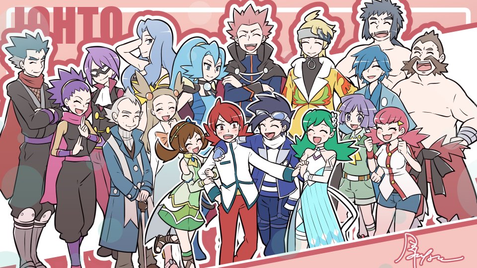 6+boys 6+girls alternate_color blonde_hair blue_hair blush breasts bruno_(pokemon) bugsy_(pokemon) cane cape chuck_(pokemon) clair_(pokemon) closed_eyes crossed_arms elite_four ethan_(pokemon) ethan_(sygna_suit)_(pokemon) eyewear_on_head facial_hair falkner_(pokemon) flower goggles grey_hair gym_leader hair_bobbles hair_flower hair_ornament hair_over_one_eye halterneck hand_on_another&#039;s_shoulder happy holding_hands jacket janine_(pokemon) karen_(pokemon) koga_(pokemon) kris_(pokemon) kris_(sygna_suit)_(pokemon) lance_(pokemon) lyra_(pokemon) lyra_(sygna_suit)_(pokemon) mask morty_(pokemon) morty_(sygna_suit)_(pokemon) multiple_boys multiple_girls nintendo official_alternate_costume open_mouth pokemon pokemon_hgss pokemon_masters_ex pryce_(pokemon) purple_hair red_hair scarf signature silver_(pokemon) smile topless_male twintails whitney_(pokemon) will_(pokemon) yuki_mura_1031