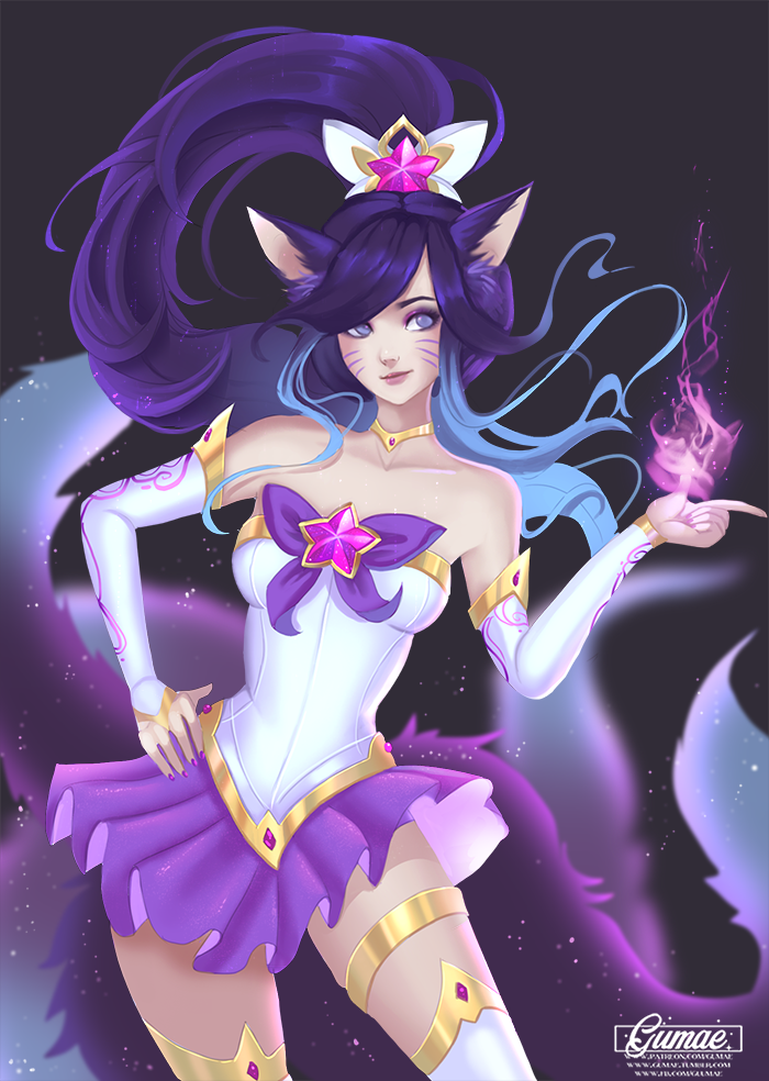 1girl ahri_(league_of_legends) alternate_costume animal_ears artist_name bare_shoulders blue_eyes blue_hair bow choker elbow_gloves energy facial_mark female_focus fox_ears fox_girl fox_tail gloves gumae hair_ornament high_ponytail jewelry league_of_legends long_hair magic magical_girl matching_hair/eyes miniskirt multicolored_hair multiple_tails nail_polish neck necklace pleated_skirt ponytail purple_hair skirt smile solo strapless tail thighhighs two-tone_hair whisker_markings