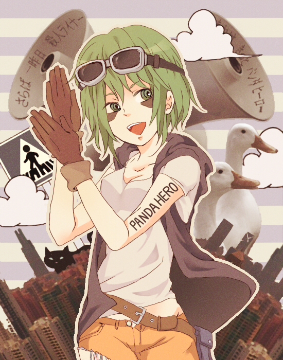 belt belt_buckle bird breasts brown_gloves buckle cat city cityscape clapping duck facepaint gloves goggles goggles_on_head green_eyes green_hair gumi huwahuwacooky megaphone open_mouth panda_hero_(vocaloid) photo_background shirt short_hair short_sleeves shorts sign small_breasts striped_background vest vocaloid white_shirt
