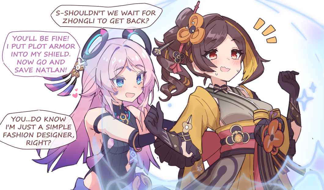 2girls bare_shoulders black_gloves black_leotard blonde_hair blue_eyes braid breasts brown_hair chiori_(genshin_impact) citlali_(genshin_impact) commentary dot_nose drill_hair drill_ponytail energy_barrier english_commentary english_text facial_mark floating_headgear gameplay_mechanics genshin_impact geo_symbol_(genshin_impact) gloves grey_kimono hair_intakes hair_ornament hair_stick hands_up haori heart japanese_clothes kimono leotard long_hair looking_at_another looking_at_viewer medium_breasts multicolored_hair multiple_girls nervous obi open_mouth pink_hair pink_pupils pushing red_eyes sash saylamars simple_background leotard sleeveless_turtleneck_leotard speech_bubble streaked_hair sweatdrop triangle triangle_facial_mark twin_braids upper_body vision_(genshin_impact) white_background