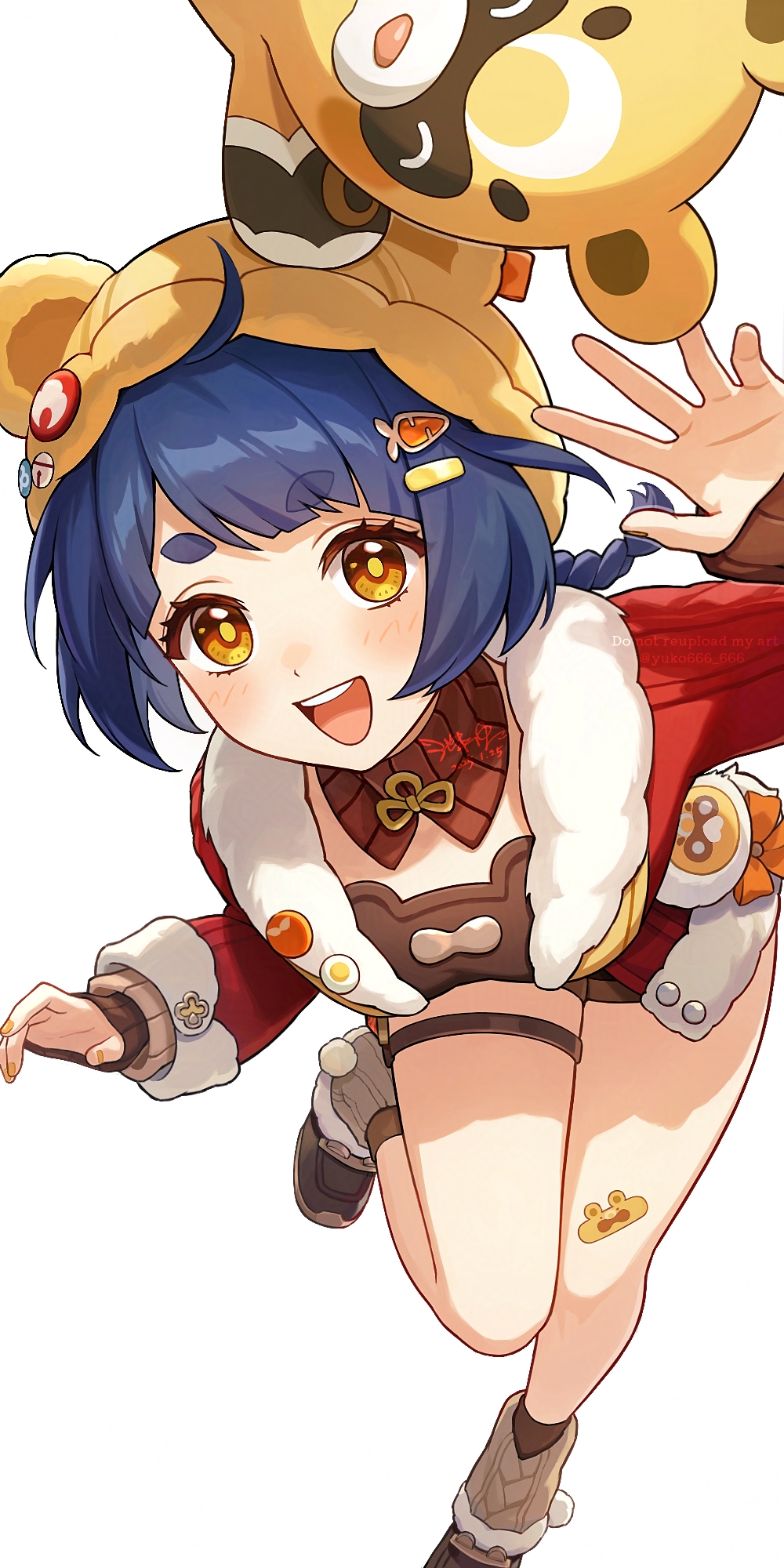 1girl bandaid bandaid_on_knee bandaid_on_leg blue_hair blush braid chinese_clothes genshin_impact guoba_(genshin_impact) hair_ornament hairclip hat highres long_sleeves looking_at_viewer official_alternate_costume open_mouth shoes short_hair simple_background smile socks solo teeth thick_eyebrows thigh_strap upper_teeth_only white_background xiangling_(genshin_impact) xiangling_(new_year&#039;s_cheer)_(genshin_impact) yellow_eyes yuko666
