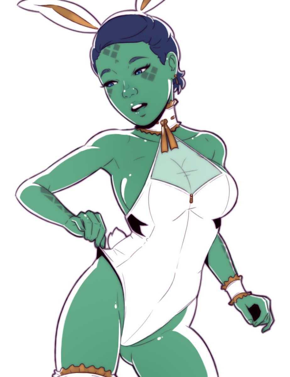1girl alien animal_ears blue_eyes blue_hair breasts cleavage colored_skin dave_cheung facial_mark green_skin highres large_breasts leotard mirialan open_mouth playboy_bunny rabbit_ears rabbit_tail short_hair simple_background solo star_wars tail white_background white_leotard yara_larso_(dave_cheung)