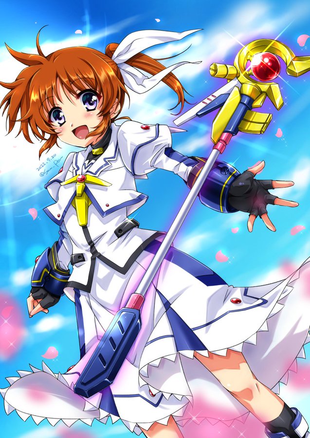 1girl artist_name black_gloves blue_eyes blush brown_hair dated dress fingerless_gloves gloves lyrical_nanoha magical_girl mahou_shoujo_lyrical_nanoha mahou_shoujo_lyrical_nanoha_a&#039;s mahou_shoujo_lyrical_nanoha_innocent open_mouth raising_heart raising_heart_(accel_mode)_(2nd) san-pon shiny_skin short_hair sky smile solo takamachi_nanoha takamachi_nanoha_(movie_1st_mode) white_dress