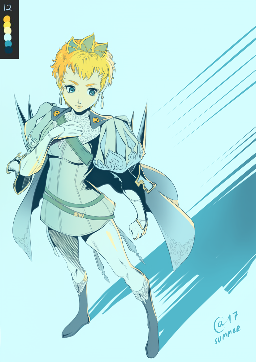 1girl autumn-sacura belt blonde_hair blue_boots blue_eyes boots cape clenched_hand color_guide earrings eruca female_focus from_above full_body jewelry radiant_historia shadow short_hair solo
