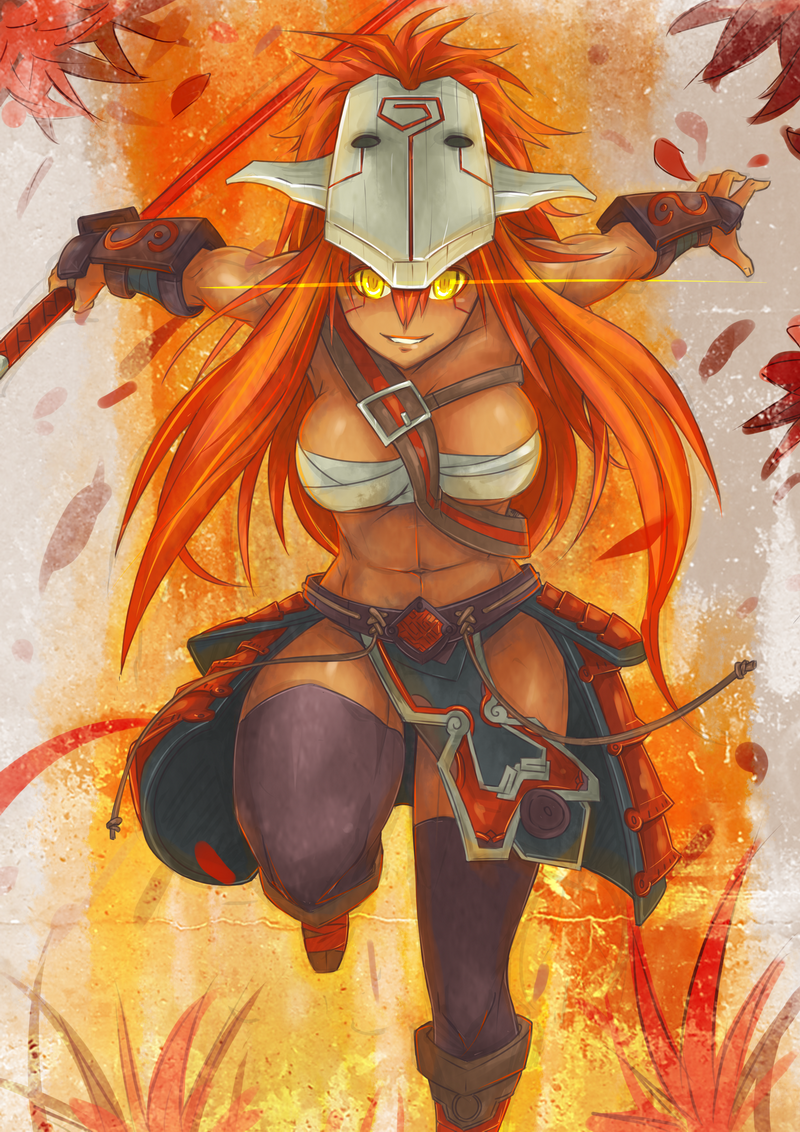 1girl black_thighhighs breasts dota_(series) dota_2 exaxuxer female_focus gender_request genderswap glowing glowing_eyes juggernaut_(dota) juggernaut_(dota_2) large_breasts long_hair looking_at_viewer navel red_hair solo thighhighs weapon yellow_eyes