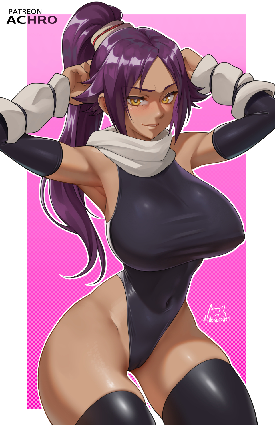 1girl achromaru arms_behind_head arms_up black_leotard black_thighhighs bleach bleach:_sennen_kessen-hen blush breasts cameltoe covered_erect_nipples covered_navel dark-skinned_female dark_skin detached_sleeves highleg highleg_leotard highres huge_breasts large_breasts leotard looking_at_viewer paid_reward_available parted_lips ponytail purple_hair shihouin_yoruichi solo thighhighs thighs yellow_eyes