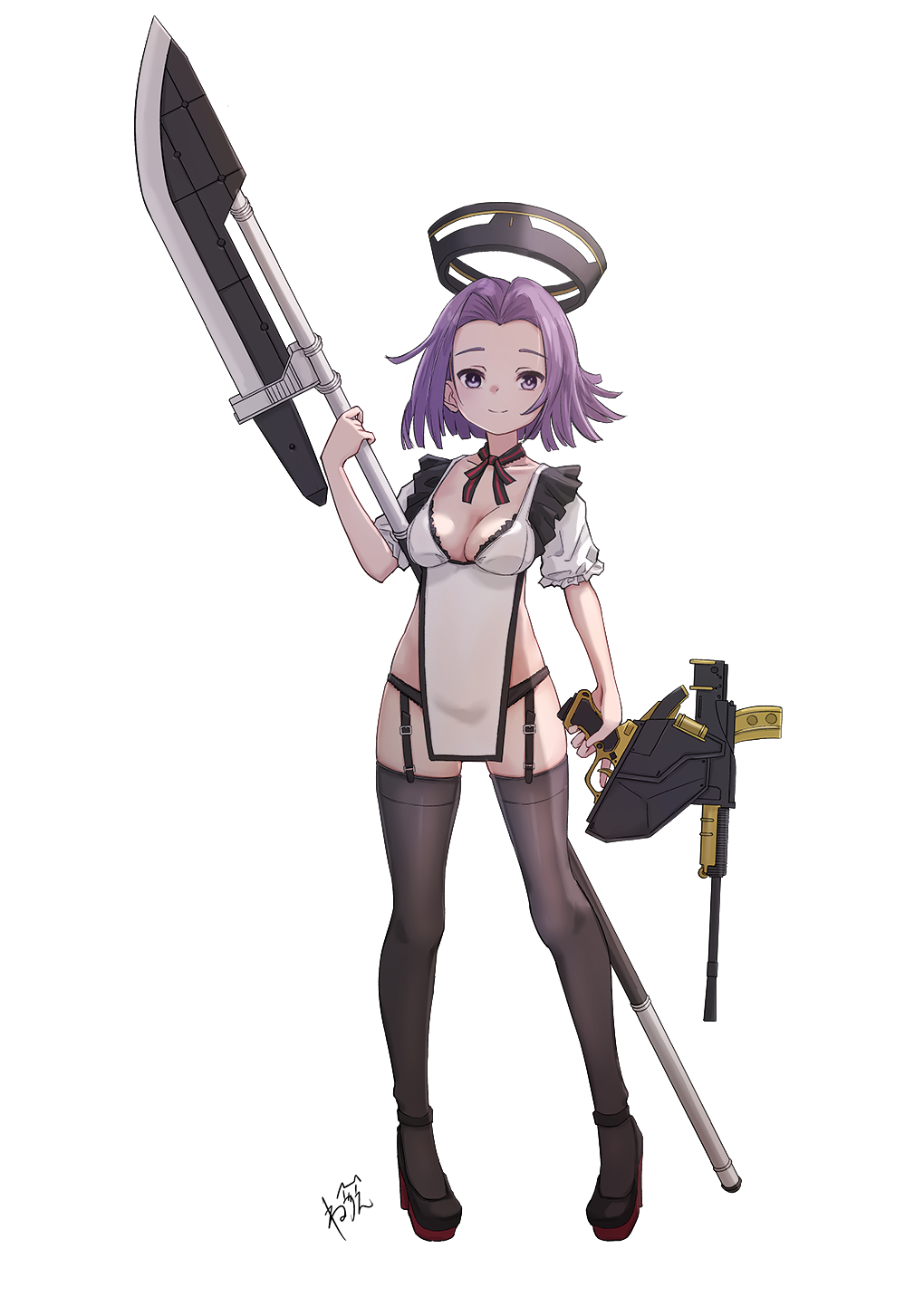 1girl alternate_costume black_panties black_thighhighs breasts dress full_body garter_straps glaive_(polearm) gun halo headgear highres kantai_collection large_breasts mechanical_halo neve_(morris-minicooper) panties polearm purple_eyes purple_hair short_hair simple_background solo tatsuta_(kancolle) thighhighs underwear weapon white_background white_dress