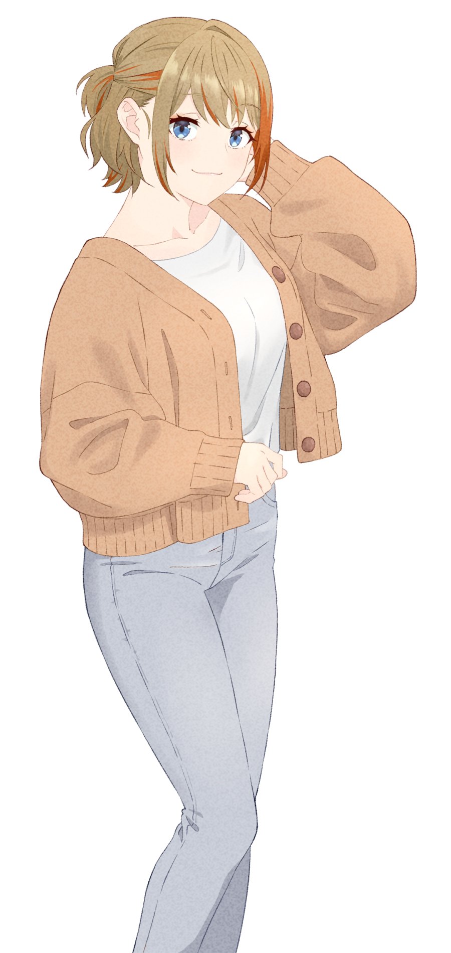 1girl akitetsu alternate_costume alternate_hairstyle blue_eyes blush breasts brown_sweater buttons cardigan closed_mouth feet_out_of_frame grey_pants half_updo hand_in_own_hair highres hiyoku_no_crosspiece light_brown_hair long_sleeves looking_at_viewer medium_breasts multicolored_hair nanashi_inc. open_cardigan open_clothes orange_hair pants ponytail shirt short_hair short_ponytail simple_background smile solo standing sweater touri_sei two-tone_hair virtual_youtuber white_background white_shirt