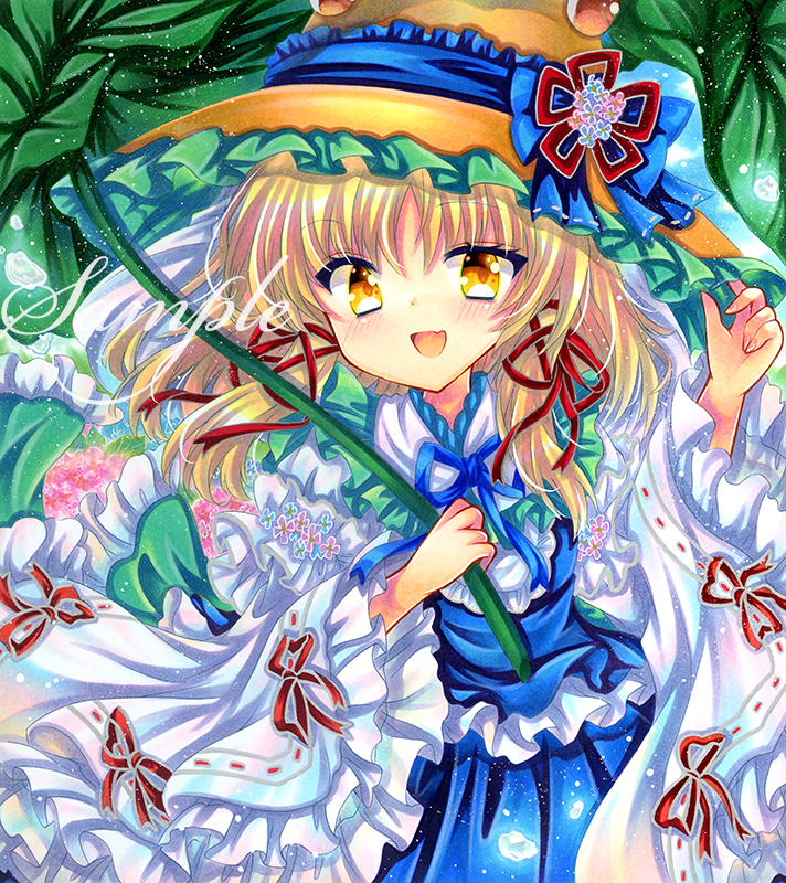 1girl blonde_hair blue_ribbon blue_skirt blue_vest brown_hat commentary_request embellished_costume frilled_sleeves frills hair_ribbon hat hat_ribbon holding holding_leaf leaf leaf_umbrella long_hair long_sleeves looking_at_viewer marker_(medium) moriya_suwako neck_ribbon open_mouth red_ribbon ribbon ribbon-trimmed_sleeves ribbon_trim rui_(sugar3) sample_watermark shirt skirt solo touhou traditional_media tress_ribbon upper_body vest watermark white_shirt wide_sleeves yellow_eyes