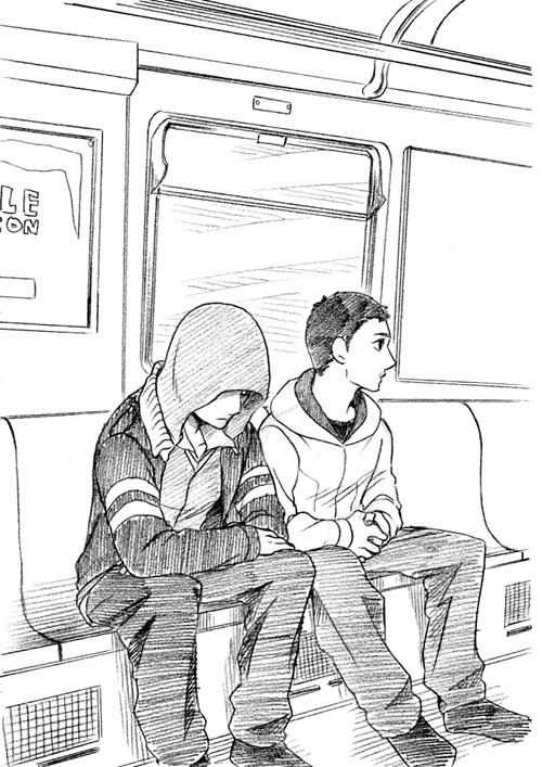 2boys alex_mercer assassin&#039;s_creed assassin&#039;s_creed_(series) bad_id bad_pixiv_id crossover desmond_miles greyscale hood hooded_jacket jacket male_focus monochrome multiple_boys prototype_(game) sitting train train_interior