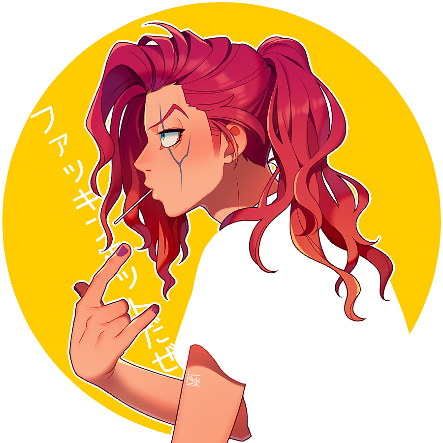1boy blending candy diamond_wa_kudakenai eyelashes fingernails food food_in_mouth from_side green_eyes jojo_no_kimyou_na_bouken kiri_futoshi lollipop looking_ahead male_focus otoishi_akira outline ponytail purple_nails red_hair shirt short_sleeves sideburns translation_request white_outline white_shirt