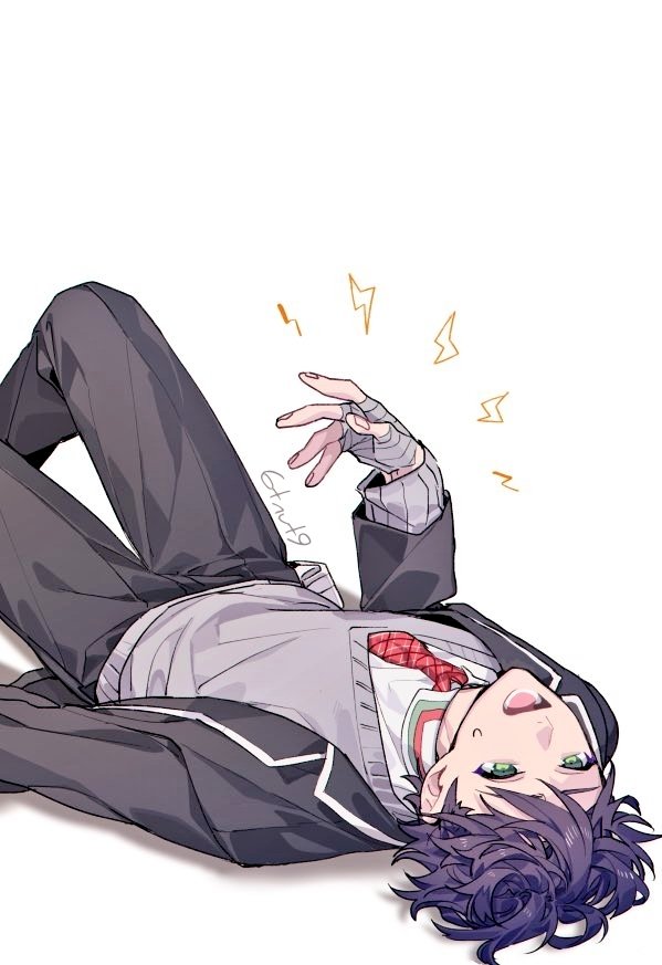 1boy 6tnut9 :d artist_name bandaged_hand bandages black_jacket black_pants blazer collared_shirt commentary_request green_eyes grey_sweater hand_up jacket kenmochi_touya kenmochi_touya_(1st_costume) knee_up lapels lightning_bolt_symbol long_sleeves looking_at_viewer lower_teeth_only lying male_focus necktie nijisanji on_back open_clothes open_jacket open_mouth pants plaid_clothes plaid_necktie purple_hair red_necktie school_uniform shirt short_hair simple_background smile solo sweatdrop sweater teeth virtual_youtuber white_background white_shirt wing_collar