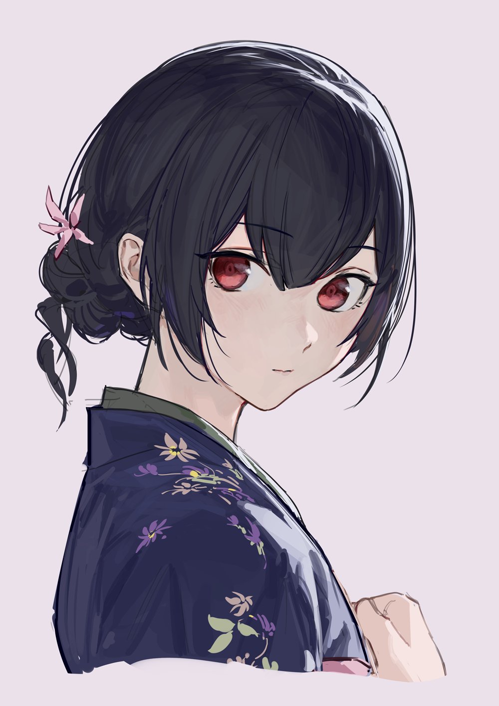 1girl black_hair blue_kimono closed_mouth cropped_shoulders floral_print floral_print_kimono flower hair_bun hair_flower hair_ornament highres idolmaster idolmaster_shiny_colors japanese_clothes kimono looking_at_viewer morino_rinze print_kimono red_eyes sim single_hair_bun solo white_background zhili_xingzou