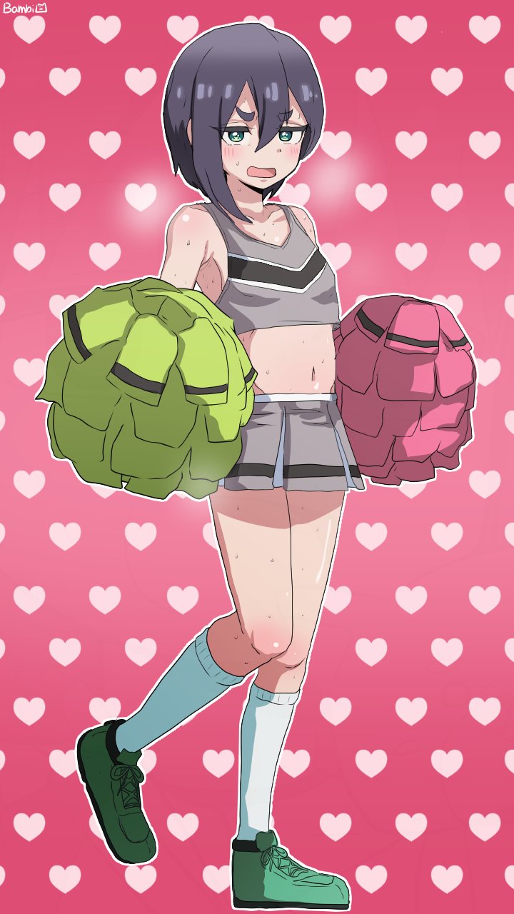 1girl artist_name bambi2000line bare_arms black_thighhighs breasts breath collarbone commentary full_body green_eyes green_shoes grey_tank_top hair_between_eyes haraga_kurumi heart heart_background highres holding holding_pom_poms kimi_no_koto_ga_dai_dai_dai_dai_daisuki_na_100-nin_no_kanojo kneehighs looking_at_viewer midriff miniskirt navel open_mouth outline pleated_skirt pom_pom_(cheerleading) pom_poms red_background shoes short_hair simple_background skirt small_breasts socks solo sweat tank_top thighhighs white_outline white_socks