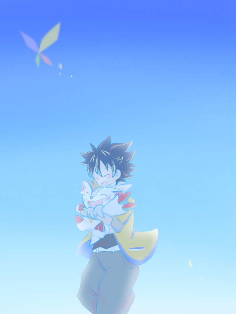 1boy closed_eyes digimon digimon_(creature) herissmon jacket male_protagonist_(digimon_rearise) short_hair