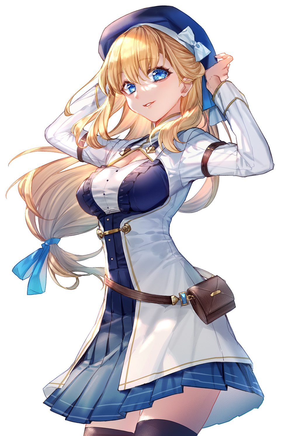 1girl achan_(blue_semi) agnes_claudel bag beret blonde_hair blue_eyes breasts coat cowboy_shot eiyuu_densetsu floating_hair hair_between_eyes handbag hat highres kuro_no_kiseki_(series) large_breasts long_hair long_sleeves looking_at_viewer low-tied_long_hair simple_background skirt smile solo white_background
