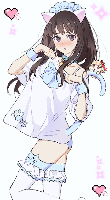 2girls animal_ears bell black_hair blue_bow blue_bowtie blue_collar blue_panties blue_thighhighs blue_wrist_cuffs blush bow bowtie bra_strap cat_ears cat_tail chibi collar commentary fake_animal_ears heart inoue_takina long_hair looking_at_viewer lycoris_recoil maid_headdress multiple_girls neck_bell nishikigi_chisato open_mouth panties paw_print pink_panties purple_eyes shirt sidelocks single_off_shoulder sparkle tail thighhighs underwear white_background white_shirt wrist_cuffs yamabukiyuki