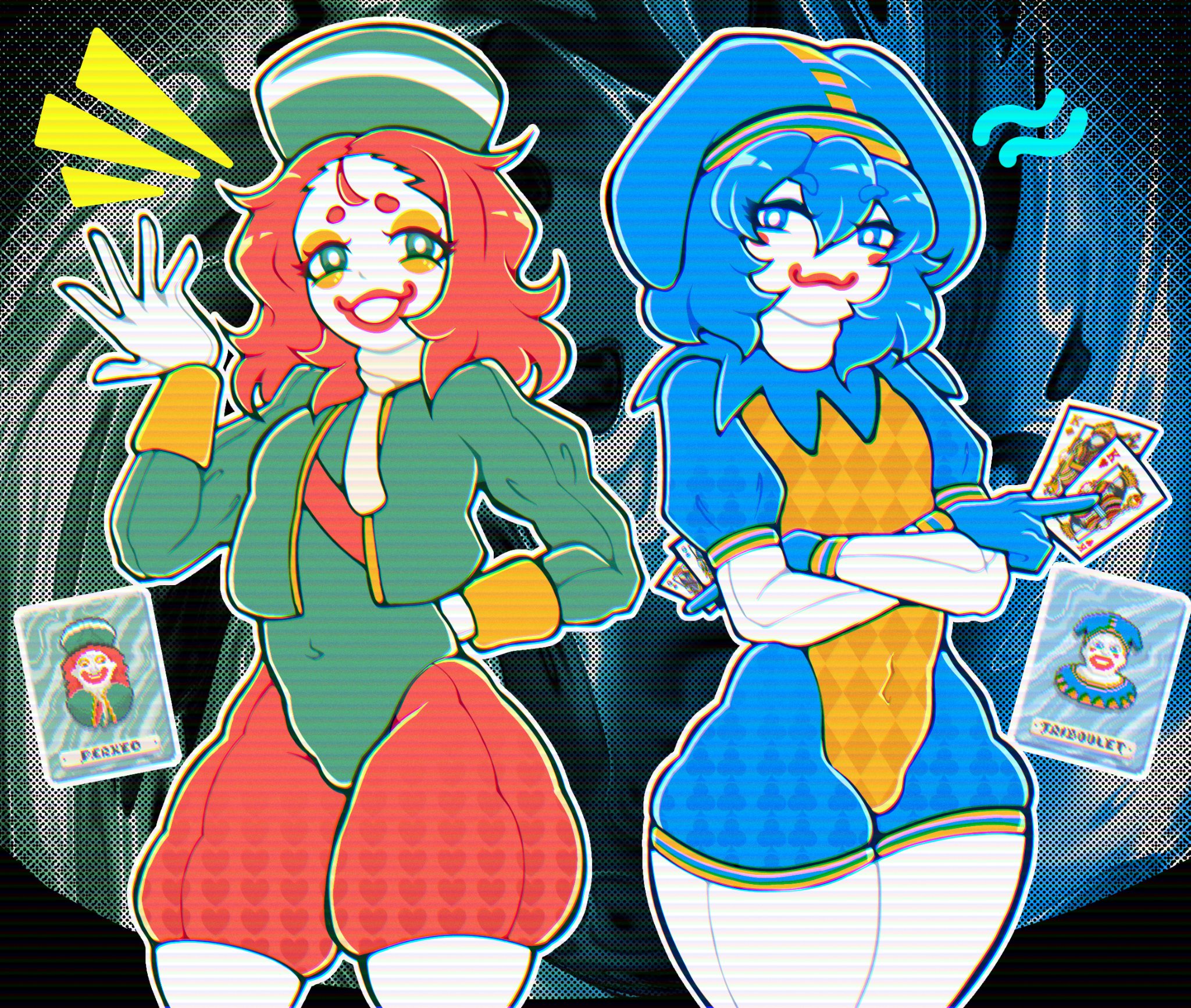 2boys :3 abstract_background balatro blue_collar blue_eyes blue_eyeshadow blue_gloves blue_hair blue_hat blue_shorts blush_(makeup) bodysuit bright_pupils bulge card closed_mouth clown clown_boy clown_makeup clubs_pattern clubs_print collar colored_skin commentary covered_navel cowboy_shot cropped_jacket diamond_pattern diamond_print english_commentary eyeshadow gloves green_eyes green_hat green_jacket green_leotard hair_between_eyes hand_behind hand_up hat heart heart_pattern heart_print highres holding holding_card hosses jacket jester jester_boy jester_cap leotard long_sleeves looking_at_viewer makeup male_focus medium_hair multiple_boys open_clothes open_jacket open_mouth orange_eyeshadow outline perkeo_(balatro) personification playing_card puffy_long_sleeves puffy_short_sleeves puffy_shorts puffy_sleeves red_hair red_lips red_shorts red_strap scarf short_hair short_sleeves shorts smile thick_thighs thighs trap triboulet_(balatro) white_bodysuit white_gloves white_pupils white_scarf white_skin white_stripe yellow_leotard