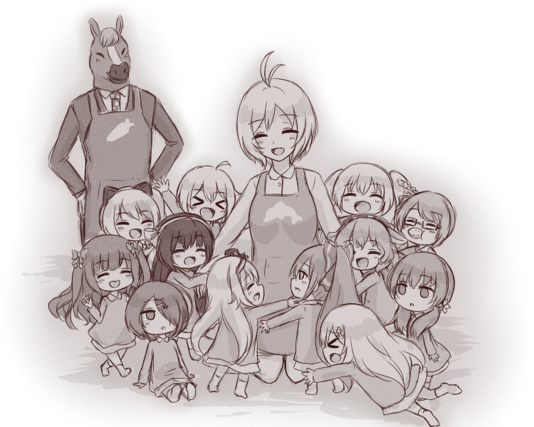 &gt;_&lt; .live 1other 6+girls ^_^ apron bacharu_(youtube) bell blush business_suit carro_pino child closed_eyes facing_viewer formal_clothes glasses hair_over_one_eye hands_on_own_hips happy horse horse_head hug jingle_bell kagura_suzu kagura_suzu_(.live) kakyoin_chieri_(channel) kakyouin_chieri kindergarten_uniform kiso_azuki kiso_azuki_(channel) kitakami_futaba kitakami_futaba_(channel) kneeling kongou_iroha kongou_iroha_(channel) long_hair mixarumixa mokomeme*channel mokota_mememe monochrome multiple_girls necktie nekonoki_mochi nekonoki_mochi_(channel) nekonokimochi no_shoes short_hair dennou_shoujo_siro sitting standing suit twintails ushimaki_riko ushimaki_riko_(channel) virtual_youtuber yaezawa_natori yaezawa_natori_(channel) yamato_iori yamato_iori_(channel) yozakura_tama yozakura_tama_(channel)
