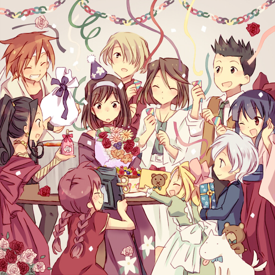 00s 1boy 6+girls ^.^ ^_^ ^o^ antique_camera birthday black_hair blonde_hair blue_eyes blush bottle bouquet bow braid brown_eyes brown_hair cake camera china_dress chinese_clothes closed_eyes confetti covering_own_ears curly_hair dougi dress earrings flower food freckles fujieda_kaede gift glasses grey_hair hair_bow hairband hakama hakama_skirt hat holding holding_plate iris_chateaubriand japanese_clothes jean-paul jewelry kanzaki_sumire kimono kirishima_kanna looking_down maria_tachibana meiji_schoolgirl_uniform mole mole_under_eye multiple_girls necklace obi oogami_ichirou pants paper_chain party_hat party_popper perfume_bottle pink_bow plate pot purple_background purple_hair red_bow red_dress red_hair red_shirt reni_milchstrasse reverse_trap ri_kouran riding sack sakura_taisen sakura_taisen_ii sash shinguuji_sakura shirt short_hair simple_background sitting skirt snack soletta_orihime soup spiked_hair steam strapless strapless_dress stuffed_animal stuffed_toy surprised table tail tail_wagging taking_picture teddy_bear tranquillo_barnetta twin_braids vest wato