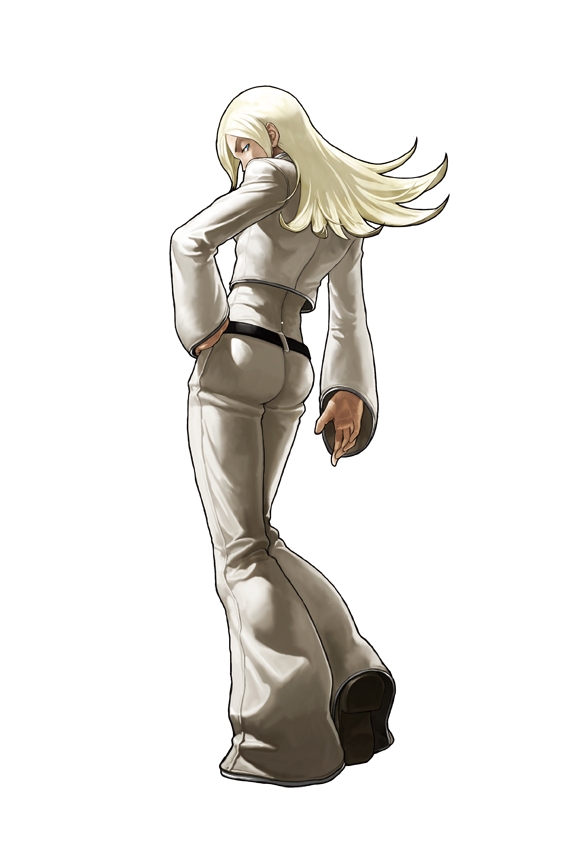 1boy ass blonde_hair king_of_fighters_xiii long_hair looking_at_viewer looking_back male_focus official_art saiki_(kof) simple_background snk solo the_king_of_fighters the_king_of_fighters_xiii white_background white_hair