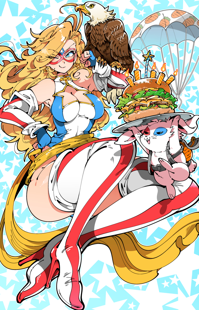 1girl bald_eagle bird blonde_hair blue_eyes boots breasts burger candle cleavage cleavage_cutout closed_mouth clothing_cutout eagle earrings elbow_gloves food full_body gloves hand_up high_heel_boots high_heels jewelry kafun kamen_america kamen_america_(comic) leotard long_hair medium_breasts one_eye_closed open_mouth parachute rabbit ribbon simple_background smile star_(symbol) star_earrings star_symbol_background superhero_costume thigh_boots tray v-shaped_eyebrows yellow_ribbon
