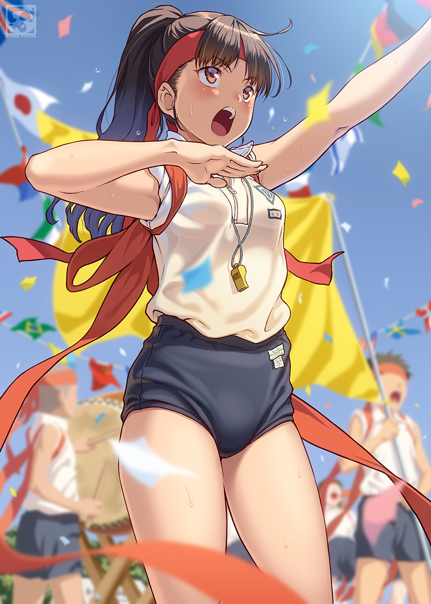 1girl 3others american_flag arm_up artist_logo black_buruma blue_sky blurry blurry_background brazilian_flag breasts brown_eyes brown_hair buruma collared_shirt commentary_request confetti day drum drumsticks flagpole flags_of_all_nations hand_up headband highres holding holding_drumsticks instrument japanese_flag logo long_hair medium_breasts multiple_others open_mouth original outdoors outstretched_arm pairan ponytail red_headband red_ribbon ribbon shirt shirt_tucked_in sky solo_focus string_of_flags sweat swedish_flag taiko_drum tasuki teeth upper_teeth_only whistle whistle_around_neck white_shirt zipper_pull_tab