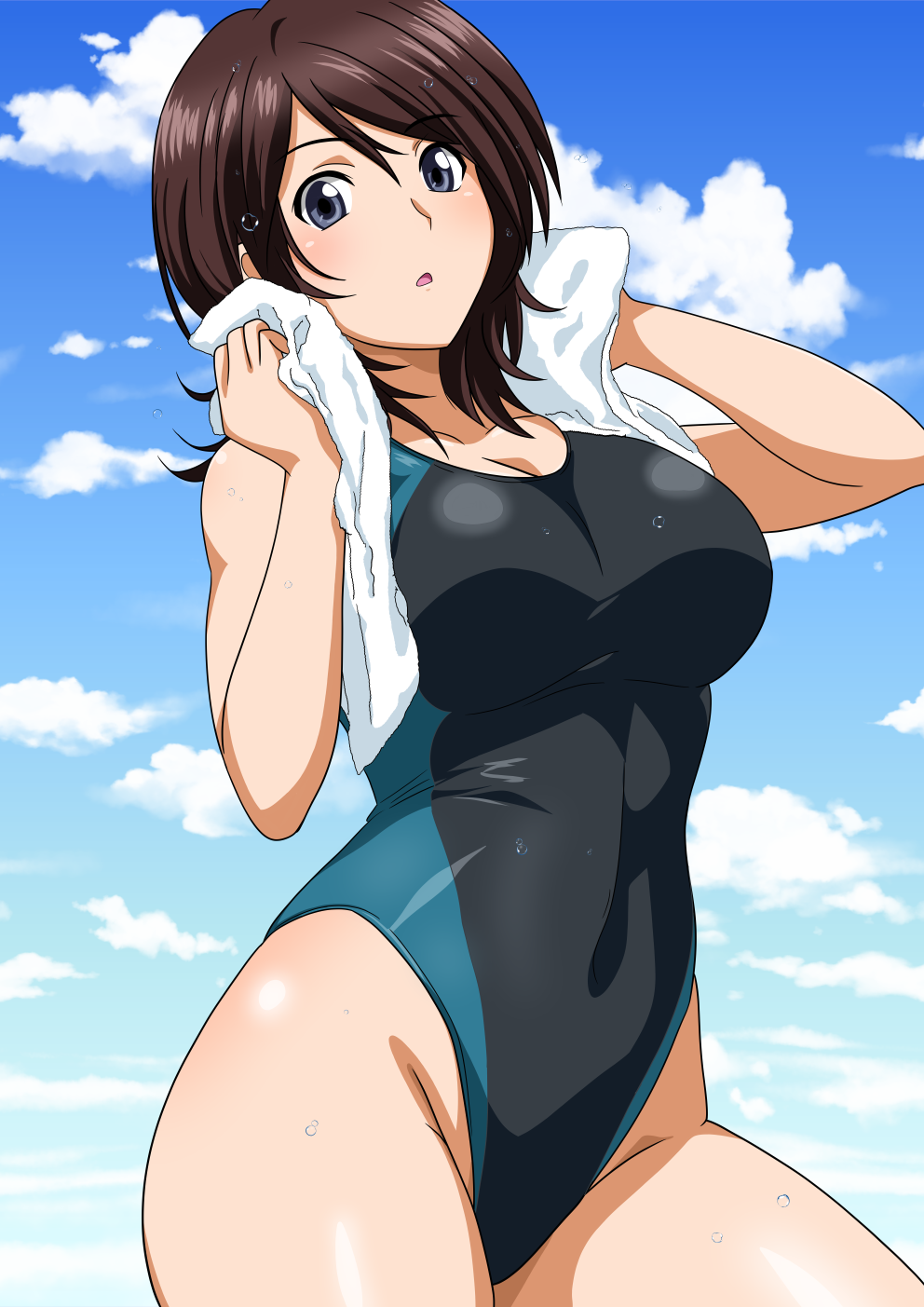 1girl amagami black_hair black_one-piece_swimsuit blue_sky breasts cloud competition_swimsuit covered_navel cowboy_shot grey_eyes highleg highleg_one-piece_swimsuit highres large_breasts looking_at_viewer medium_hair one-piece_swimsuit sky solo swimsuit takahashi_maya towel towel_around_neck two-tone_background yuuyuu_(3jjbn)