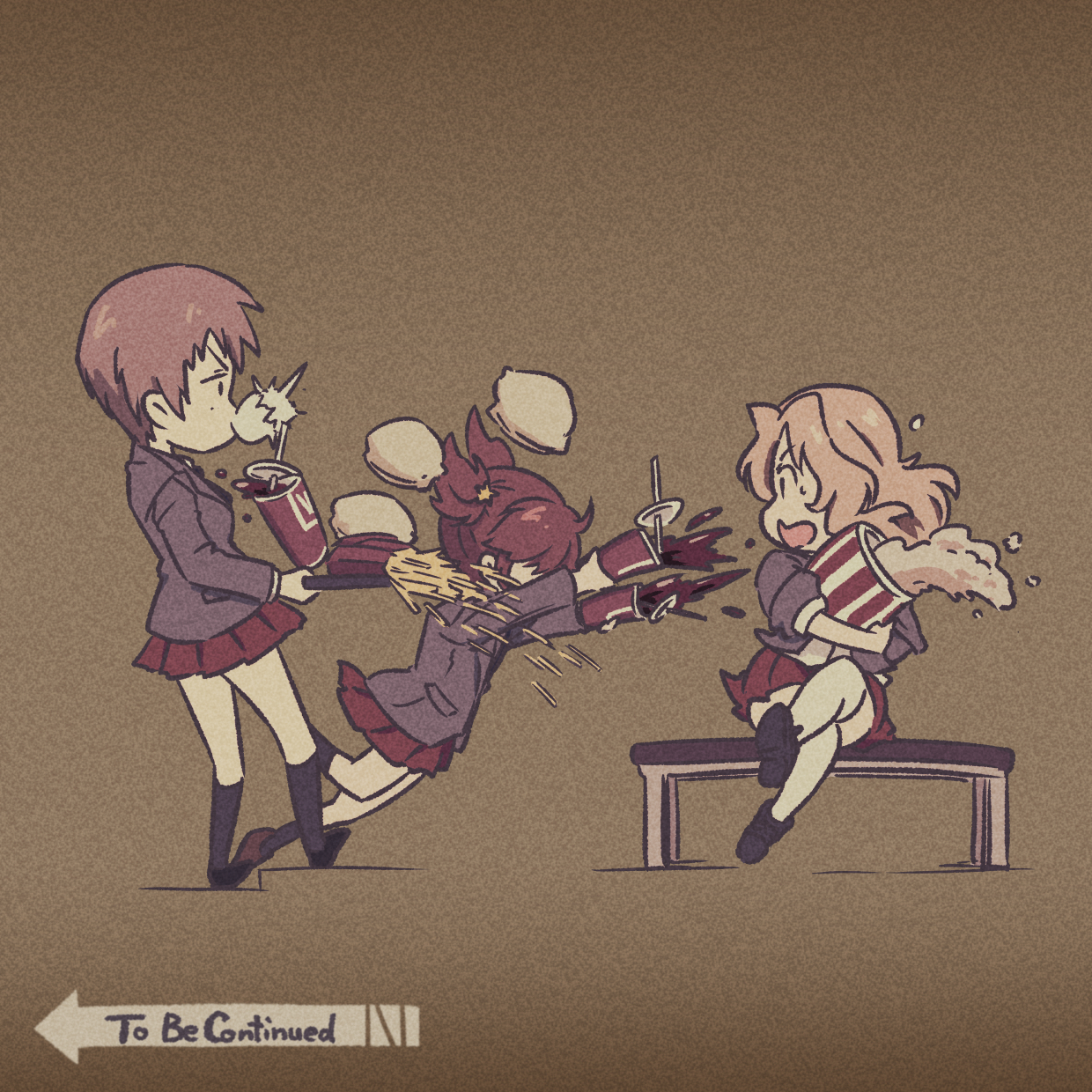 3girls alisa_(girls_und_panzer) black_shoes black_socks blazer blonde_hair brown_background brown_hair brown_shoes burger chewing_gum commentary_request drink ehirorotoon english_text food french_fries girls_und_panzer highres holding holding_drink holding_tray jacket kay_(girls_und_panzer) multiple_girls naomi_(girls_und_panzer) necktie open_mouth popcorn saunders_school_uniform school_uniform shoes simple_background skirt socks soda to_be_continued tray tripping twintails