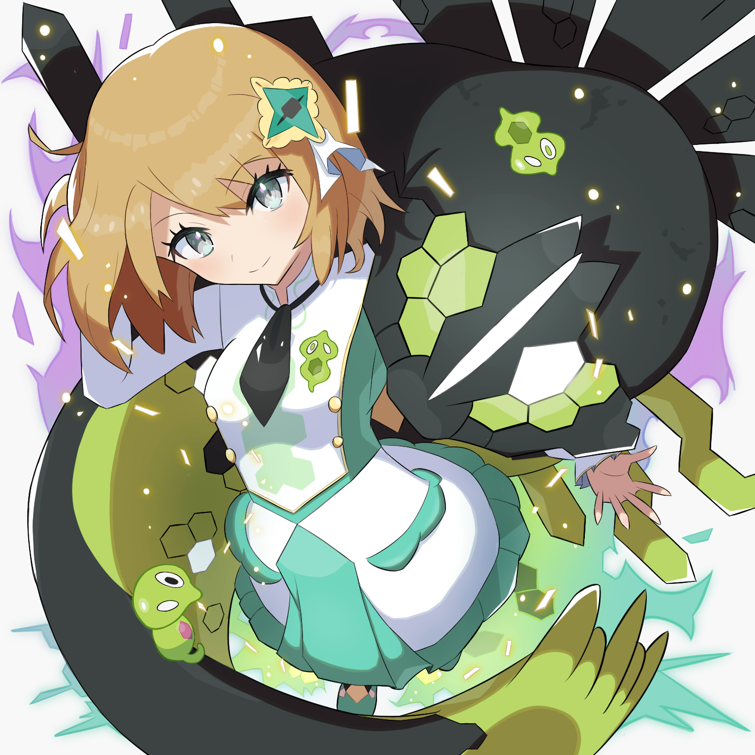 1girl ascot commentary_request dress gen_6_pokemon green_footwear grey_eyes highres kamiya_(fsck3847) legendary_pokemon light_brown_hair long_sleeves looking_at_viewer nintendo official_alternate_costume pokemon pokemon_(creature) pokemon_masters_ex serena_(pokemon) serena_(sygna_suit)_(pokemon) short_hair white_dress zygarde zygarde_(50%) zygarde_cell zygarde_core