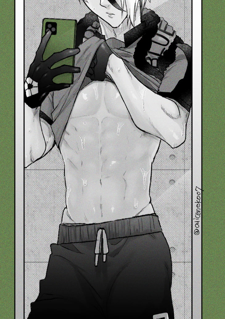 abs aliceneko07 blue_lock clothes_lift gloves greyscale lifting_own_clothes mirror_selfie monochrome muscular muscular_male navel otoya_eita pectorals phone selfie shirt_lift shorts solo sweat