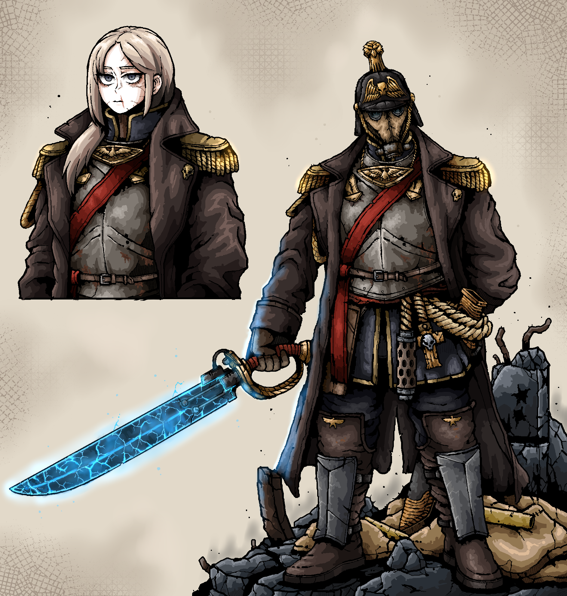 1girl astra_militarum boots breathing_nozzle brown_hair coat combat_helmet commentary death_korps_of_krieg english_commentary gas_mask gloves grey_eyes helmet highres holding holding_sword holding_weapon imperium_of_man looking_at_viewer mask military military_coat military_uniform octosoup outdoors power_sword scar scar_on_face scar_on_mouth soldier solo sword warhammer_40k weapon