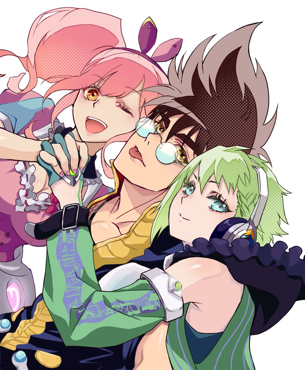 1boy 2girls bow breasts brown_eyes brown_hair cleavage dress glasses green_eyes green_hair hair_ornament headphones highres holding_hands large_breasts long_hair looking_at_viewer macross macross_7 macross_delta makina_nakajima multiple_girls nagisa_tomo nekki_basara open_mouth pink_hair reina_prowler round_eyewear shirt short_hair simple_background smile spiked_hair twintails walkure_(macross_delta)