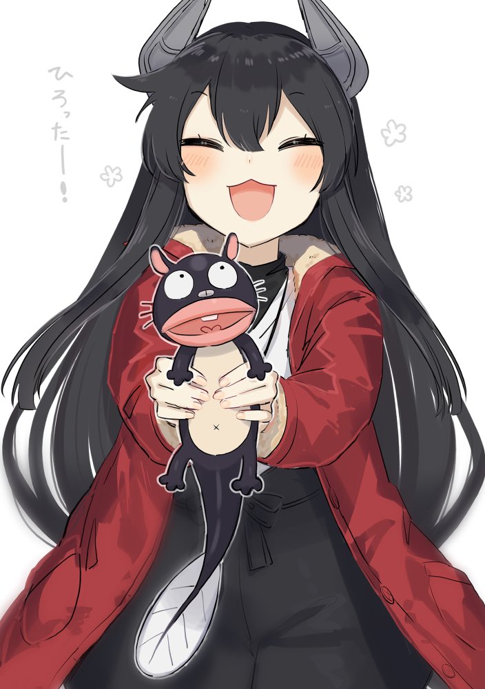 1girl :3 black_hair black_pants boots brown_footwear coat commentary_request cowboy_shot crossover eel closed_eyes hair_ribbon headgear i-47_(kancolle) kantai_collection long_hair low-tied_long_hair official_alternate_costume pants red_coat ribbon sidelocks simple_background tensai_bakabon translation_request tress_ribbon unagi_inu white_background yamashichi_(mtseven)