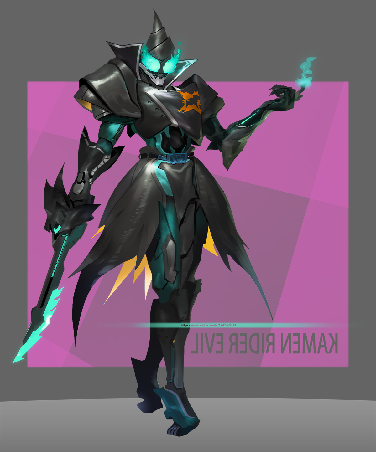 1boy armor bat_(animal) bat_genome chainsword cowboy_shot cowl demon english_text evilblade full_body gauntlets gloves glowing glowing_eyes helmet highres holding holding_weapon kamen_rider kamen_rider_evil kamen_rider_revice male_focus monster monsterification rcj reiwa simple_background solo stylistic weapon zipper