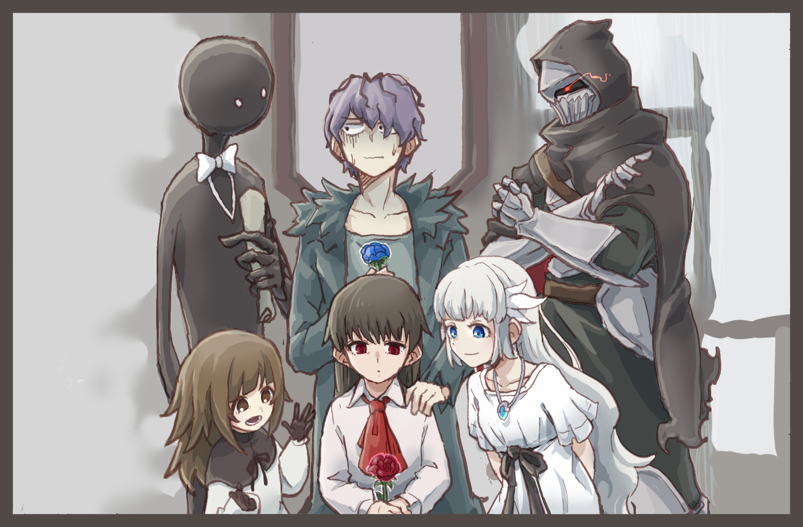 3boys 3girls alice_(deemo) armor blue_eyes collarbone commentary_request crossed_arms deemo deemo_(character) ender_lilies_quietus_of_the_knights garry_(ib) glowing glowing_eye grey_hair highres hood hooded_jacket ib_(ib) ib_(kouri) jacket lily_(ender_lilies) multiple_boys multiple_girls red_eyes riva_(wolfox610riva) scroll smile umbral_knight_(ender_lilies)