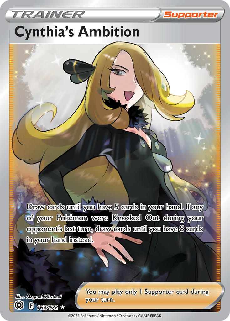 1girl :d artist_name black_jacket black_pants blonde_hair card_(medium) character_name company_name copyright_name copyright_notice cynthia_(pokemon) english_text eyelashes fur-trimmed_jacket fur_trim grey_eyes hair_ornament hair_over_one_eye hand_on_own_hip jacket long_hair long_sleeves mizutani_megumi nintendo official_art open_mouth pants pokemon pokemon_card pokemon_dppt pokemon_tcg smile solo sparkle third-party_source trading_card
