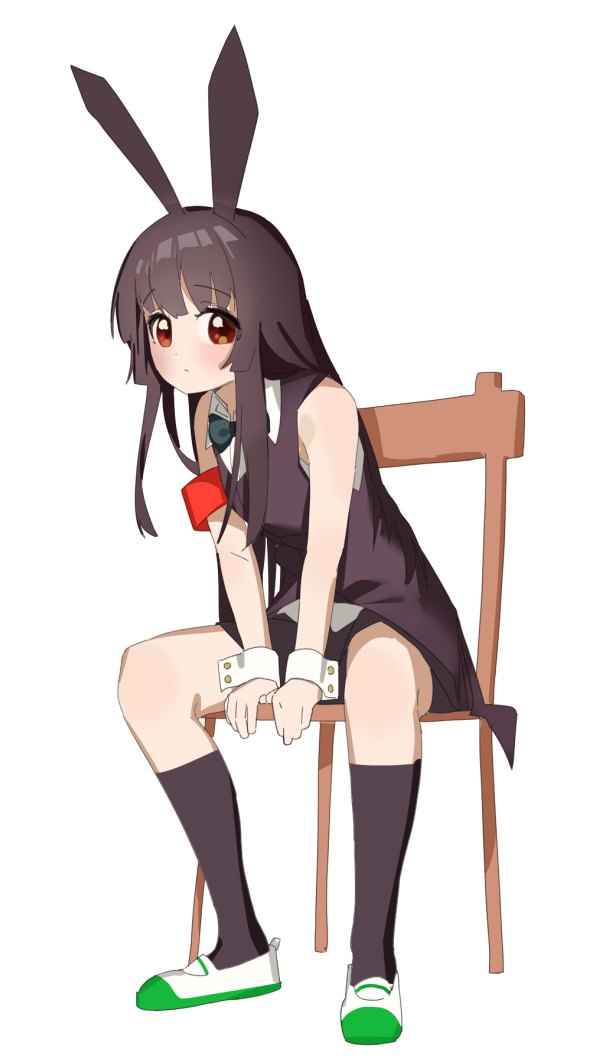 1girl alternate_costume animal_ears armband bare_arms black_hair black_shorts black_socks black_vest bow bowtie chair collared_shirt expressionless fake_animal_ears green_bow green_bowtie invisible_floor keibi_inu kneehighs knees leaning_forward light_blush long_hair matsumoto_rise nontraditional_playboy_bunny on_chair rabbit_ears red_armband red_eyes shirt shoes shorts simple_background sitting sleeveless sleeveless_shirt socks solo tareme uwabaki v_arms vest waistcoat white_background white_shirt wrist_cuffs yuruyuri