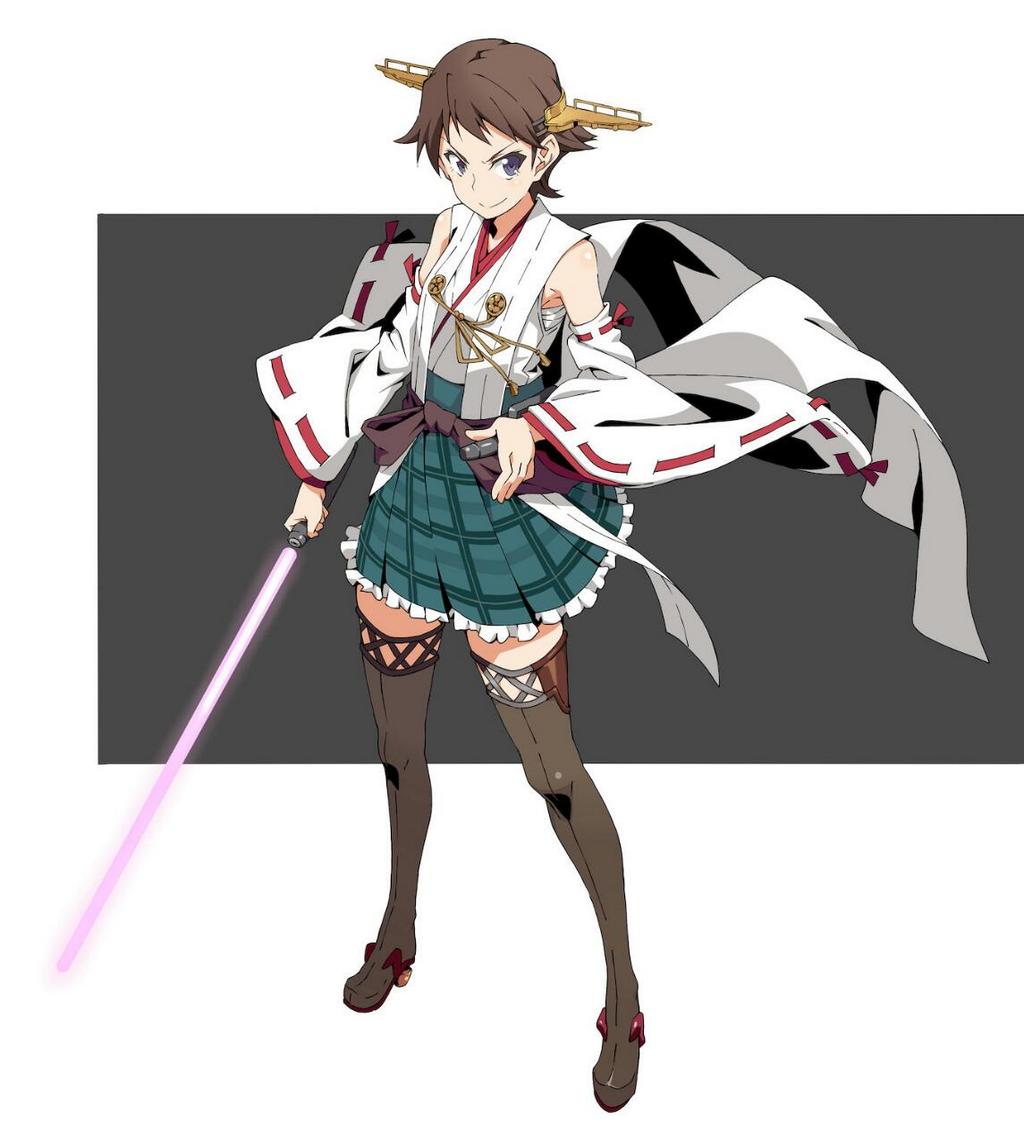 10s 1girl akitetsu bad_id bad_twitter_id bare_shoulders boots brown_hair detached_sleeves energy_sword female_focus gundam hairband headgear hiei_(kancolle) holding holding_sword holding_weapon japanese_clothes kantai_collection lightsaber no_legwear nontraditional_miko pleated_skirt purple_eyes purple_lightsaber short_hair skirt smile solo star_wars sword thighhighs two-tone_background weapon zettai_ryouiki