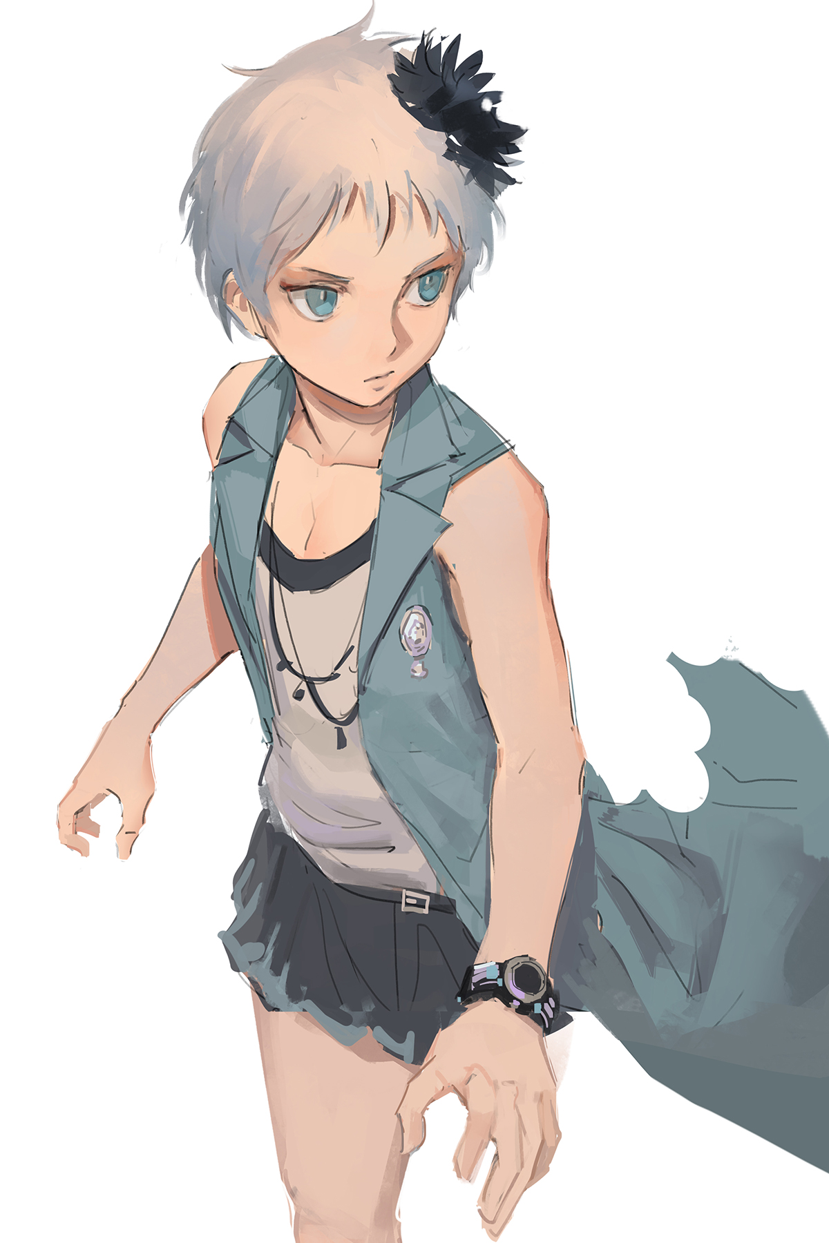 1girl artistic_error black_skirt blue_eyes blue_jacket bracelet coat collarbone feet_out_of_frame female_focus flat_chest hair_ornament highres jacket jewelry kyokugen_dasshutsu kyokugen_dasshutsu_adv:_zennin_shibou_desu looking_to_the_side phi_(kyokugen_dasshutsu) qosic shirt short_hair simple_background skirt sleeveless sleeveless_coat solo standing watch white_background white_hair white_shirt