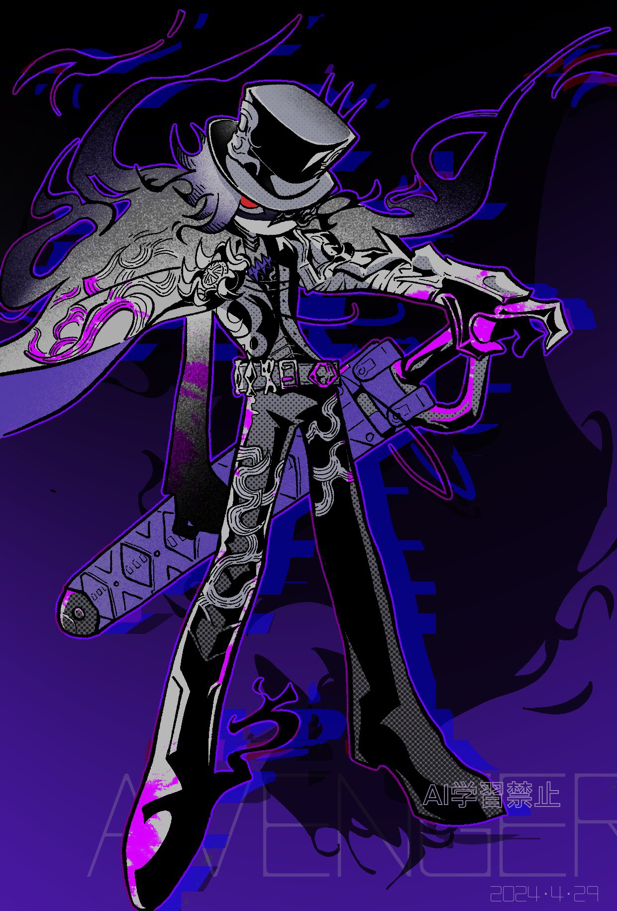 1boy arm_at_side belt belt_buckle black_belt black_boots black_cape black_fire black_hat black_pants boots buckle cape chinese_commentary commentary_request edmond_dantes_(fate) fate/grand_order fate_(series) fire full_body gradient_background grey_hair half_mask hand_on_hilt hat highres hiraya_mk holding holding_sword holding_weapon looking_at_viewer male_focus mask outline pants purple_background purple_outline red_eyes scabbard sheath sheathed short_hair simple_background solo sword the_count_of_monte_cristo_(fate) the_count_of_monte_cristo_(first_ascension)_(fate) top_hat watermark weapon