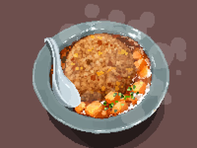 bowl brown_background food food_focus fried_rice from_above hisachan55cute miso_soup no_humans original pixel_art scenery simple_background soup spoon spring_onion steaming_food