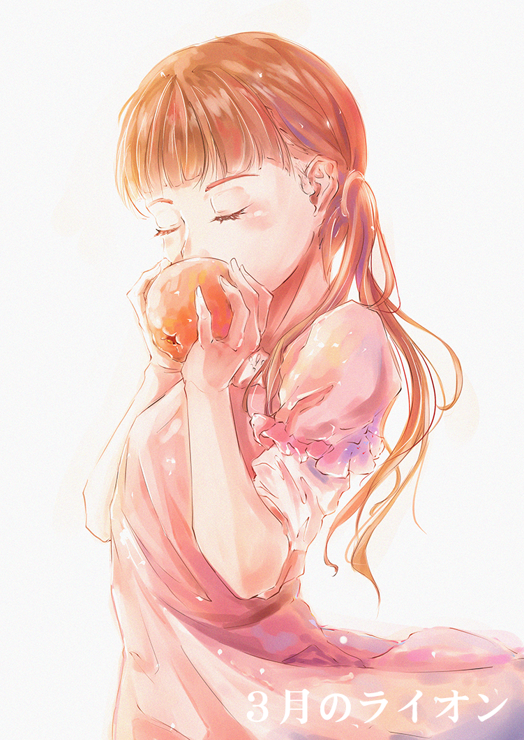 1girl blush brown_hair copyright_name dress eating closed_eyes food fruit holding holding_food holding_fruit kawamoto_hinata long_hair pink_dress sangatsu_no_lion sesoreve short_sleeves simple_background solo standing white_background