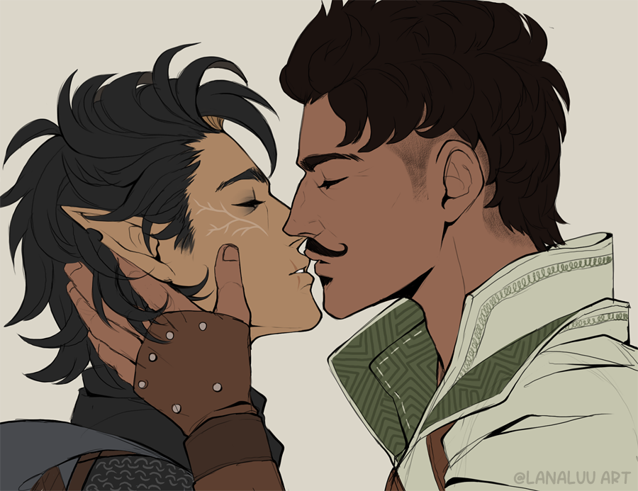 2boys arm_up armor black_hair brown_gloves brown_hair chainmail closed_eyes collared_robe commentary couple dark-skinned_male dark_skin dorian_pavus dragon_age dragon_age:_inquisition elf facial_hair facial_tattoo fingerless_gloves gloves goatee hand_on_another&#039;s_face hashtag-only_commentary imminent_kiss inquisitor_(dragon_age) lanaluuart leather leather_gloves male_focus multiple_boys mustache pointy_ears robe sideburns tattoo twitter_username two-sided_robe upper_body white_background white_robe yaoi