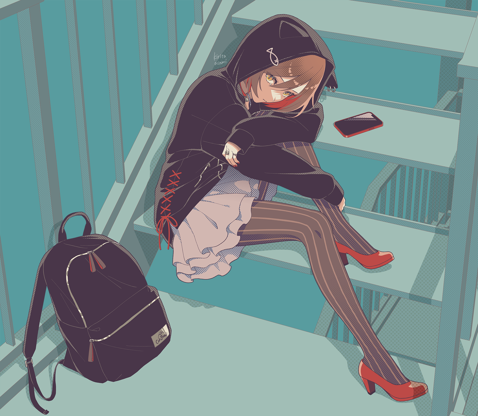 1girl animal_hood arm_around_leg artist_name backpack bag brown_hair cat_food_(vocaloid) cat_hood cellphone collar frilled_skirt frills high_heels highres hood hood_up hoodie jewelry kirita_asami looking_at_viewer meiko_(vocaloid) nail_polish outdoors pantyhose pet_food phone pinstripe_legwear pinstripe_pattern red_nails ring short_hair sitting skirt slit_pupils solo stairs striped vocaloid white_skirt yellow_eyes